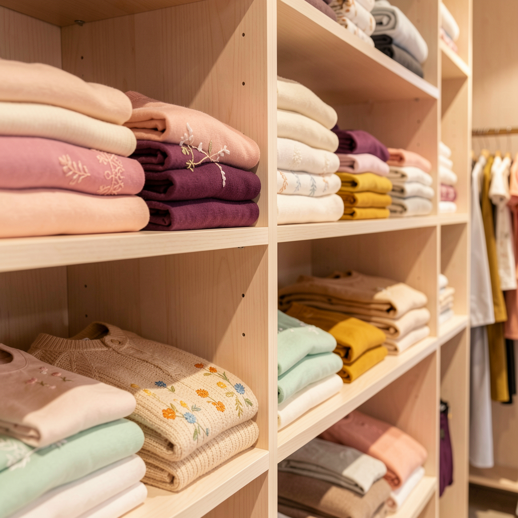 Neatly folded colourful clothing on shelves