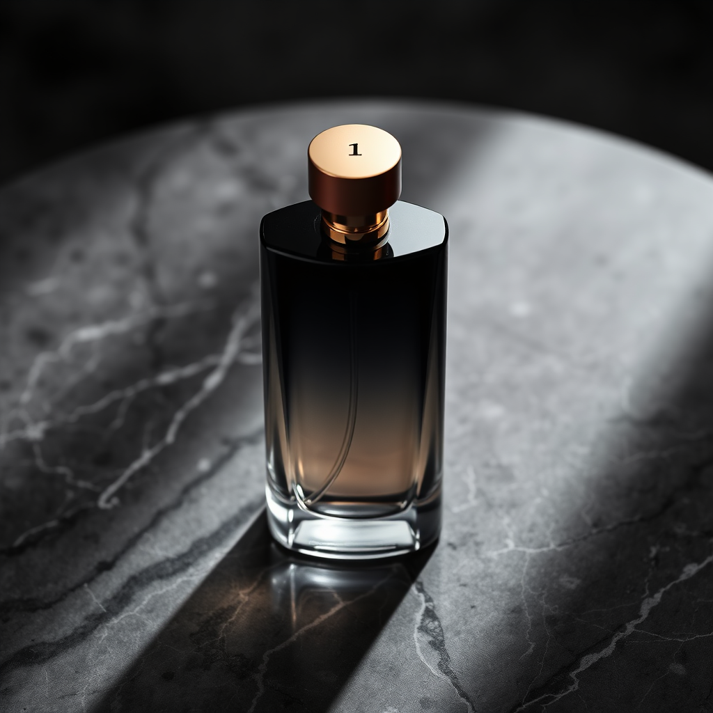 Photorealistic product shot of a sleek perfume bottle