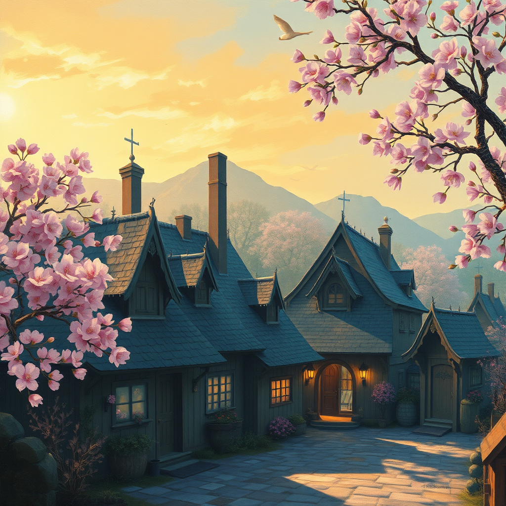 Scenic cherry blossom cottage oil painting
