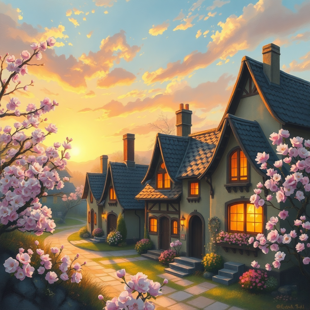 Scenic cherry blossom cottage oil painting