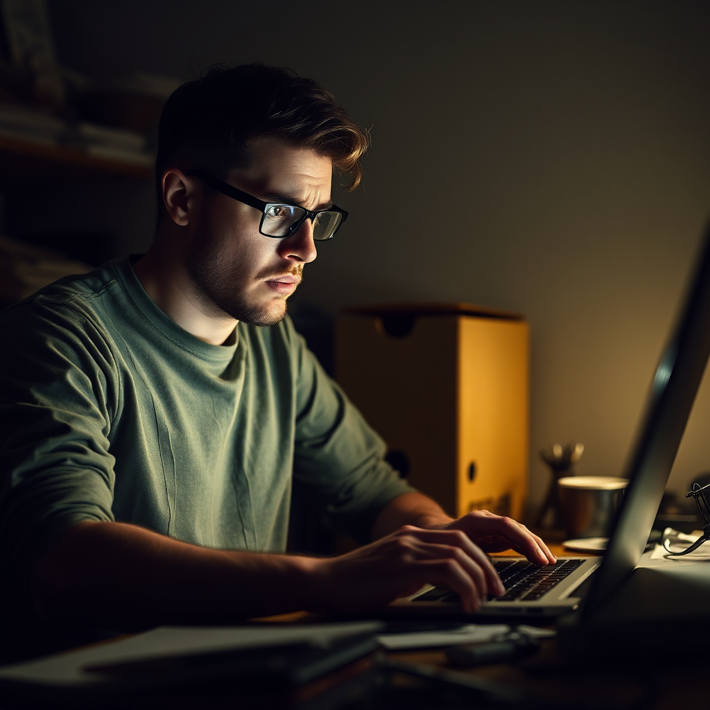 Frustrated person looking at a laptop with a low website traffic graph, symbolizing struggle
