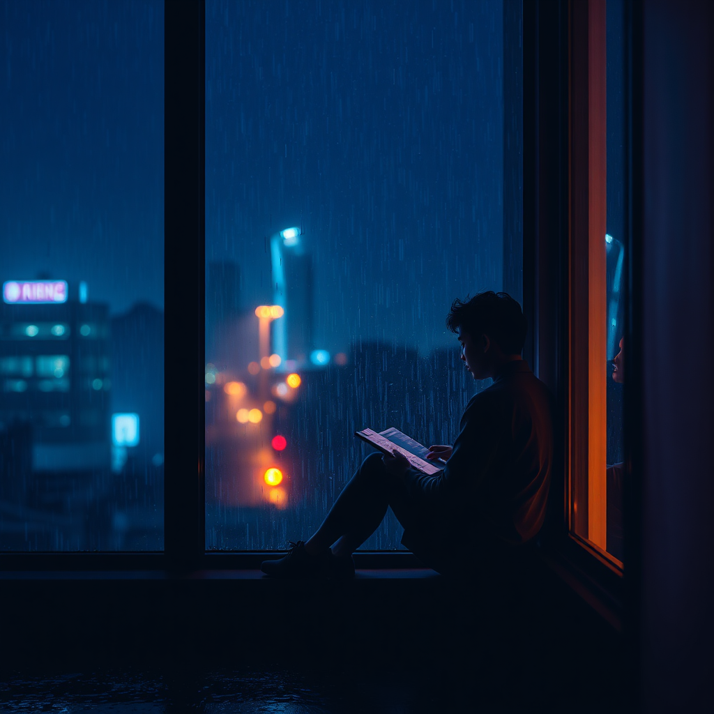 Person looking out rainy window