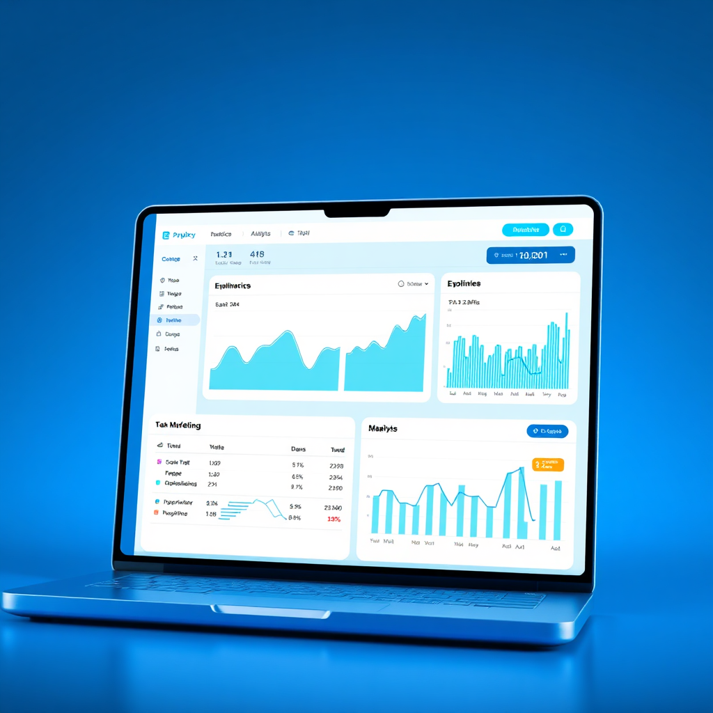 AI-powered digital marketing dashboard showing traffic graphs on a laptop screen