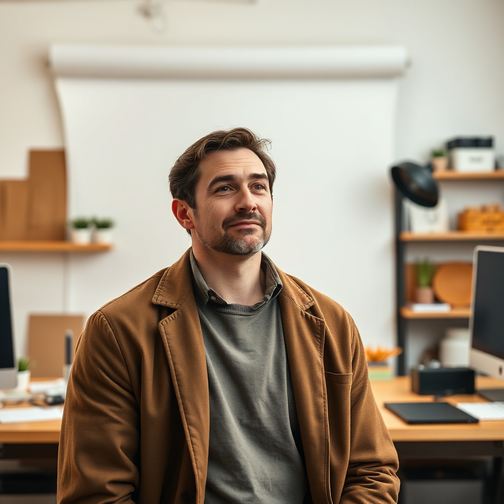 Portrait of the designer in a warm editorial studio setting