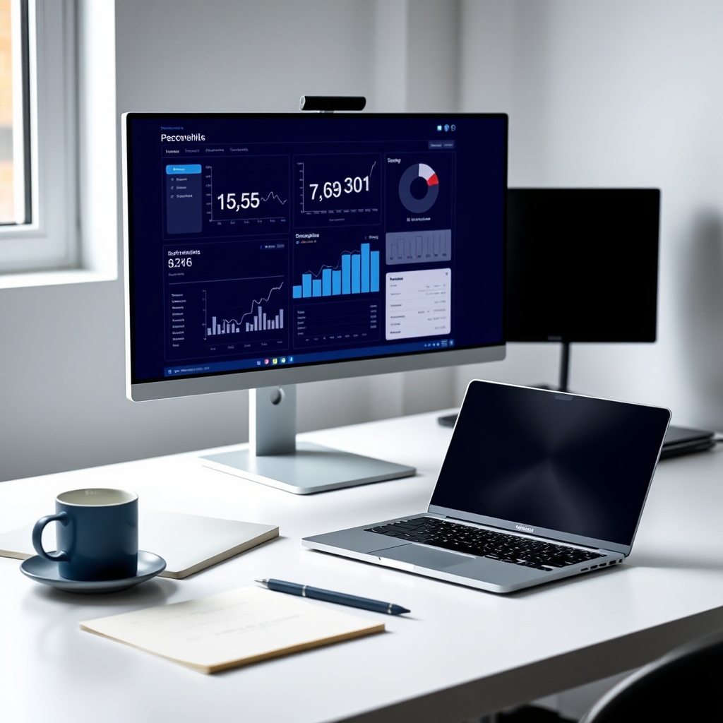 Calm professional workspace with analytics dashboard and performance charts on screen