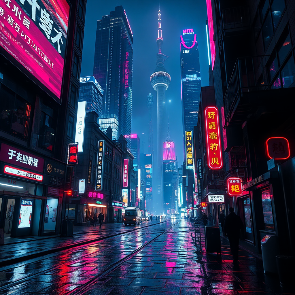 Futuristic cyberpunk city street at night