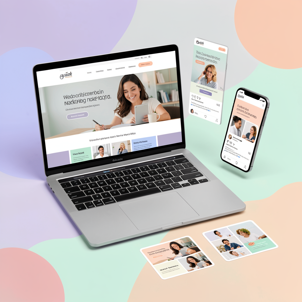 Demonstration composition of website, landing page, product and social media creative screens