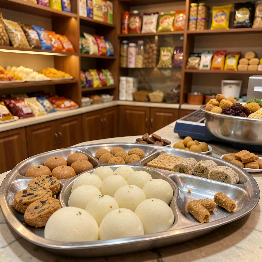[Placeholder image] Mithai and round pedha at our N-11 counter