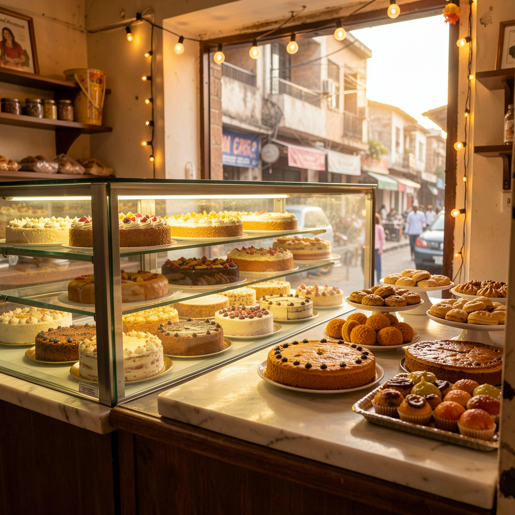 [Placeholder image] Warm cake and pastry counter at New Madhura Baker's, TV Centre Road