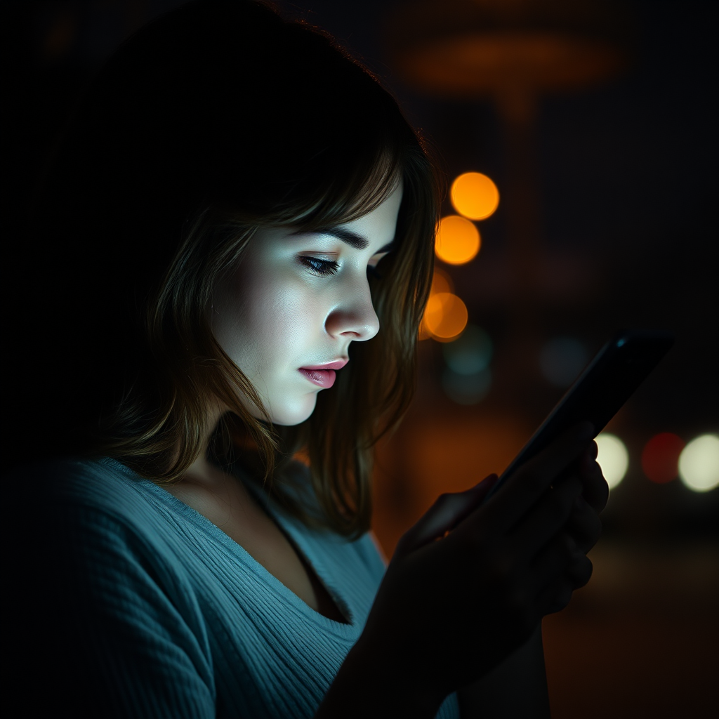 Emotional woman looking at phone