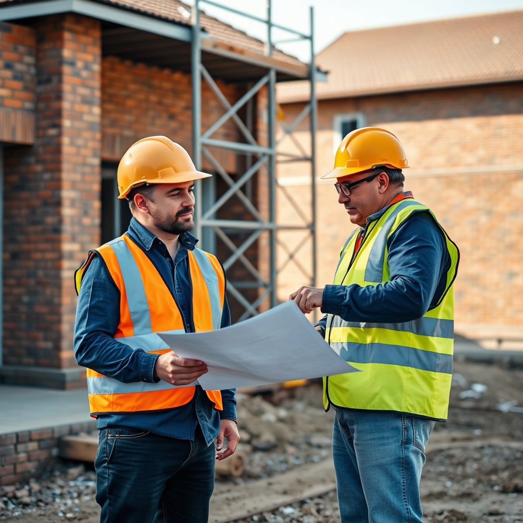 Construction crew reviewing plans on site