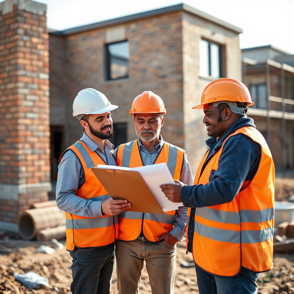Construction team reviewing plans on site in Pretoria North