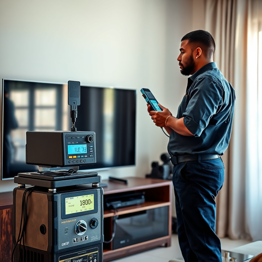 Professional DStv repairs Randburg technician checking signal strength
