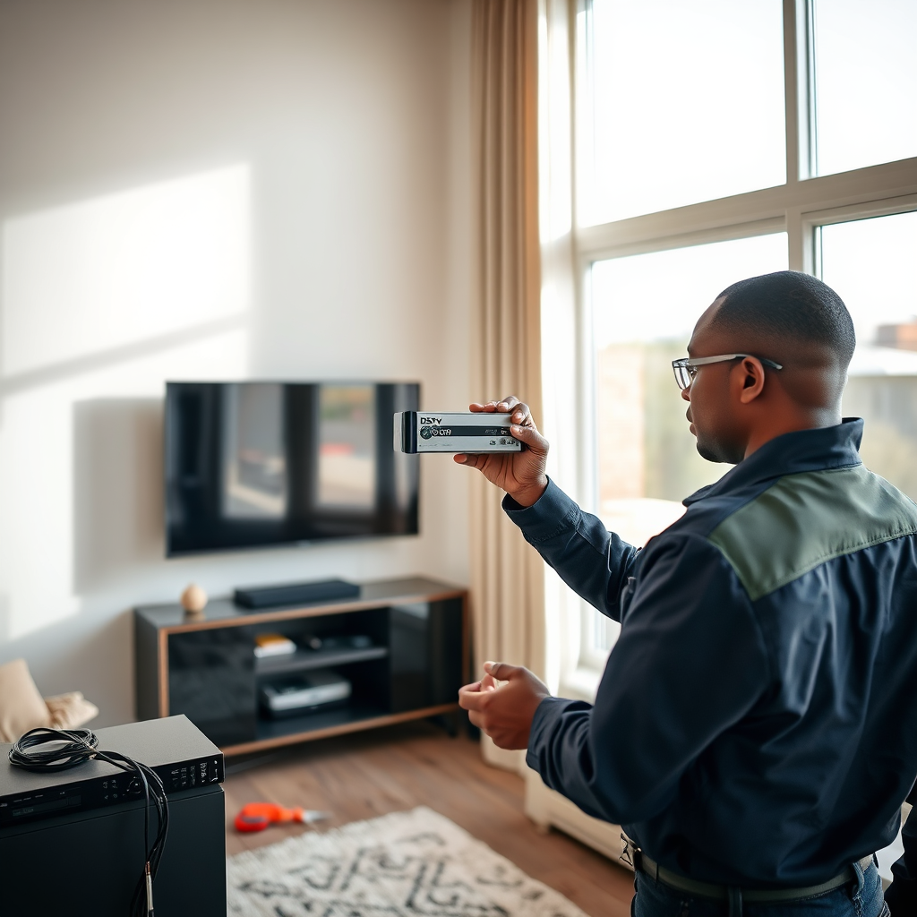 DStv installer installing Explora decoder in Randburg home