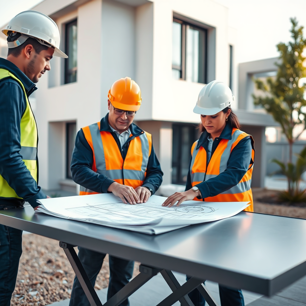 Construction team reviewing building plans on site