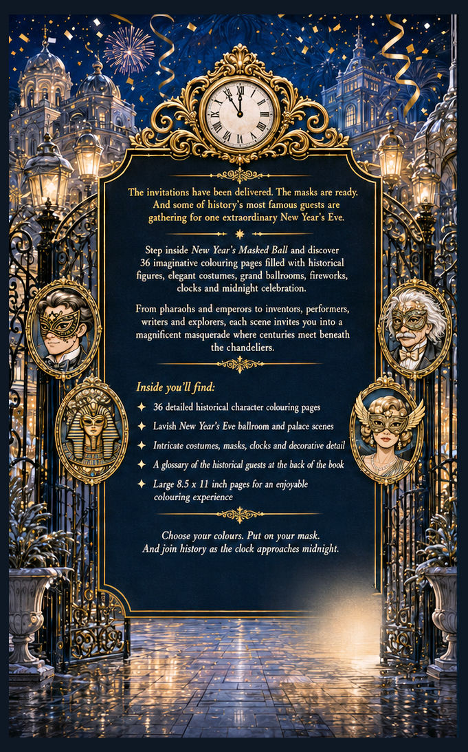 New Years Masked Ball Coloring Book Back Cover