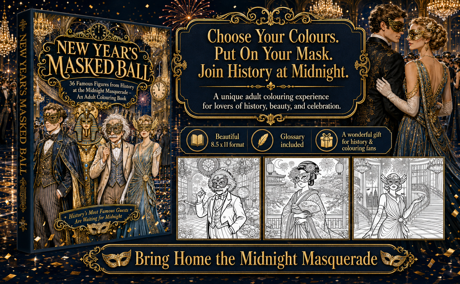 New Years Masked Ball Coloring Book Book  Ad Image
