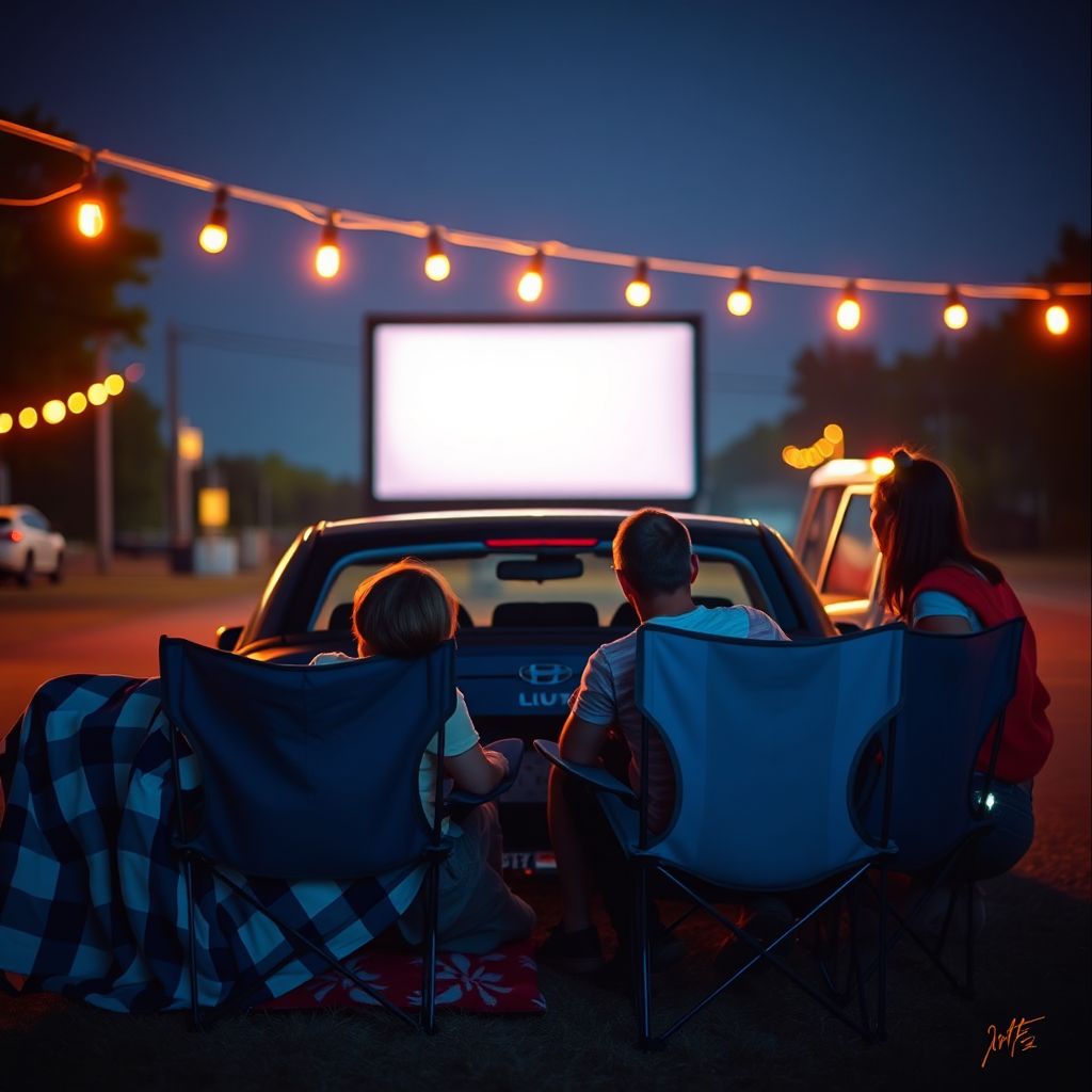 Family setting up at the drive-in