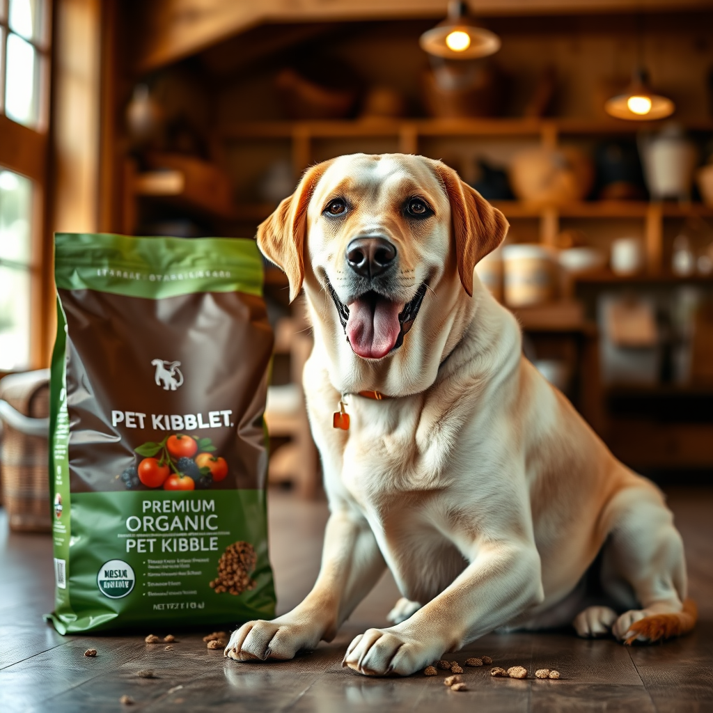 Happy pet next to kibble bag