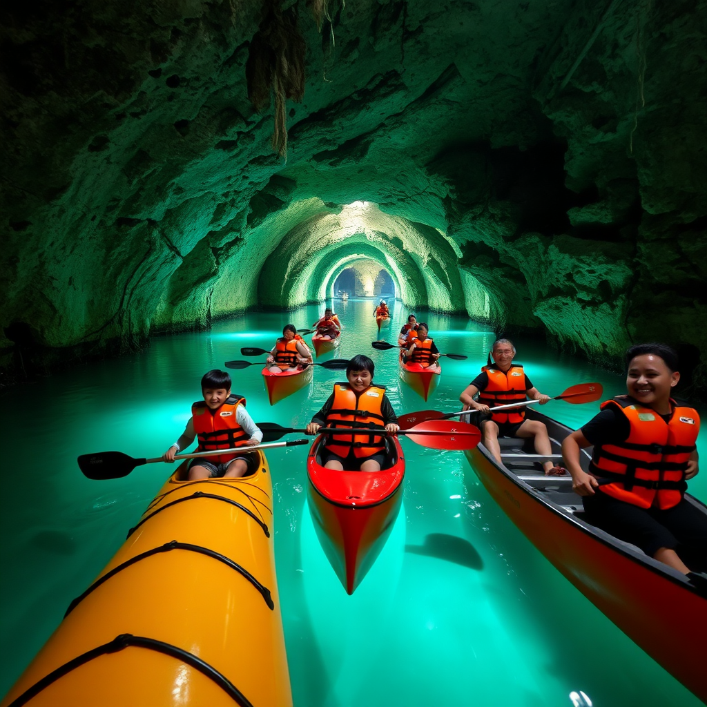 Family canoe and kayak tour underground