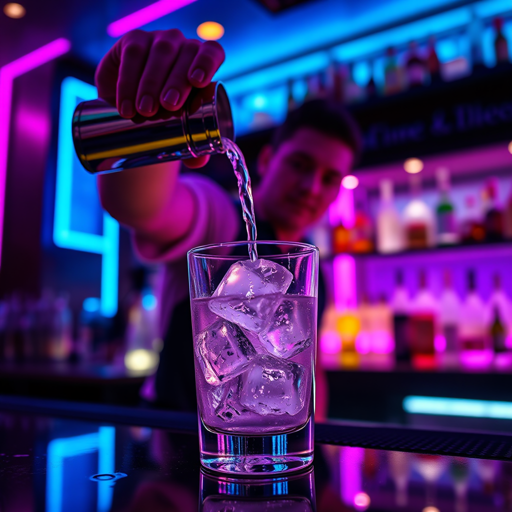 Bartender pouring a cocktail under neon lights