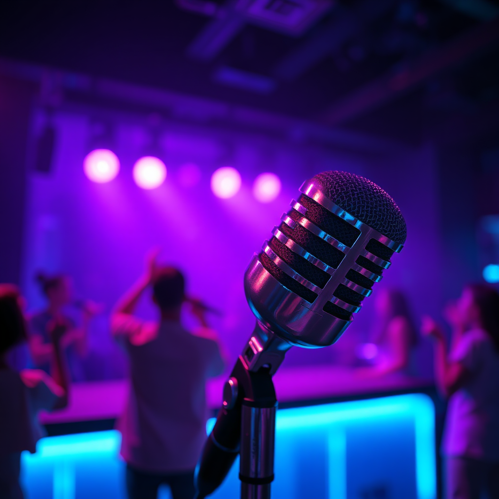 Microphone and stage lights during karaoke night