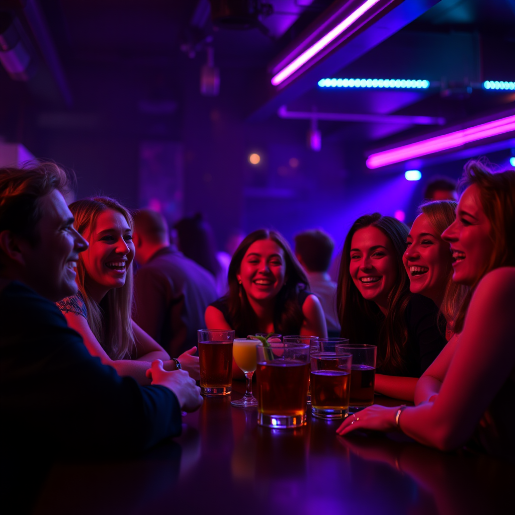 Friends laughing together at the bar