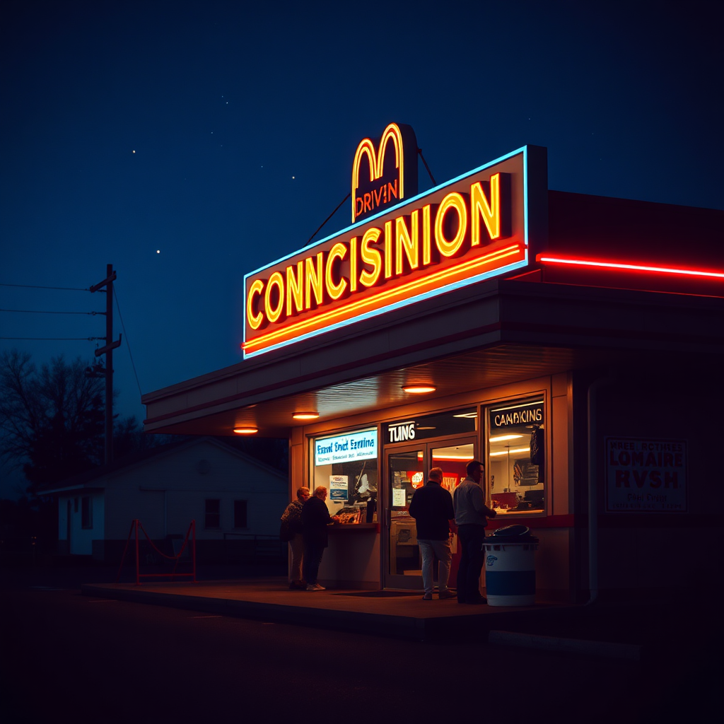 Concession stand glowing at night