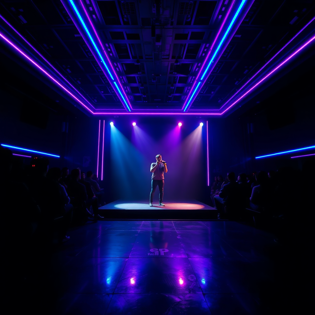 Karaoke stage with neon lighting