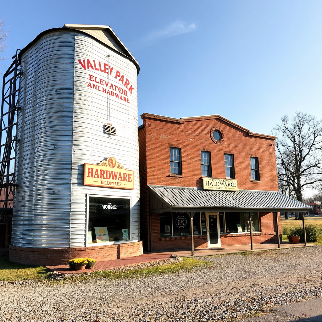 Traditional grain elevator and local store exterior structure under soft morning light