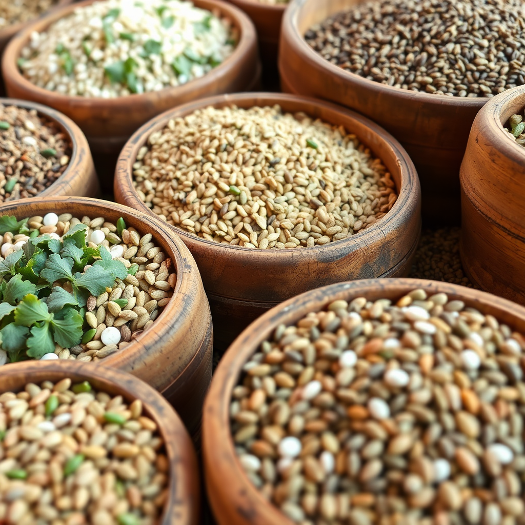 Agricultural and yard seeds in bins