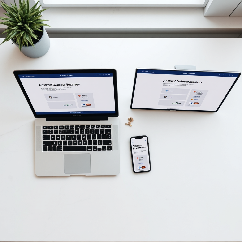Premium workspace showing a laptop and phone with a one-page layout