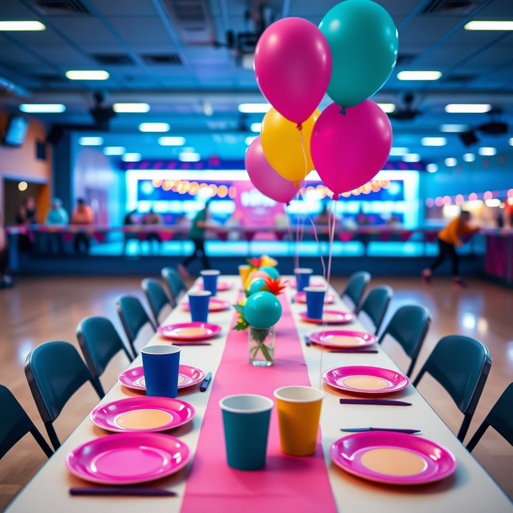 A clean party setup area inside a roller rink