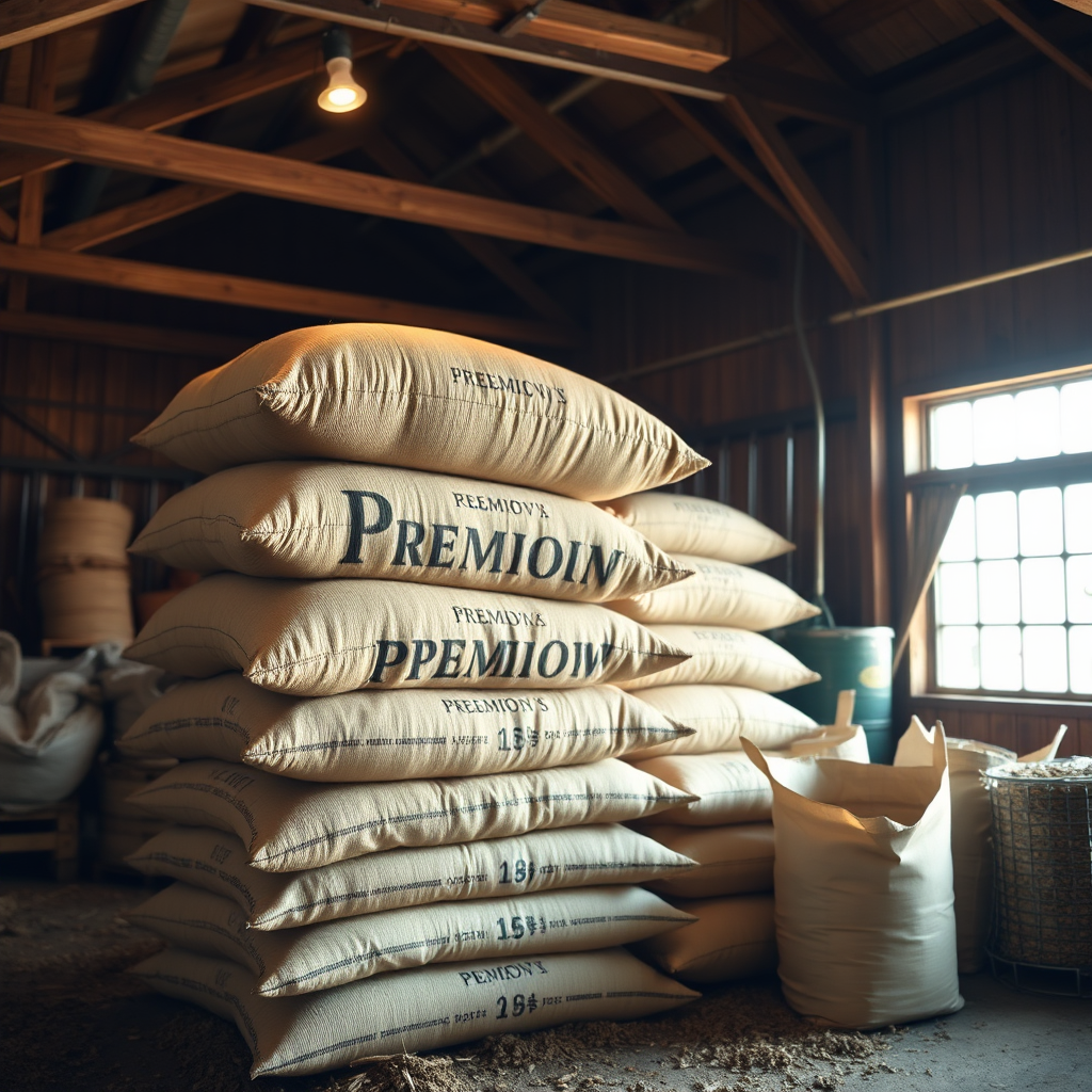 Stack of animal feed bags in barn