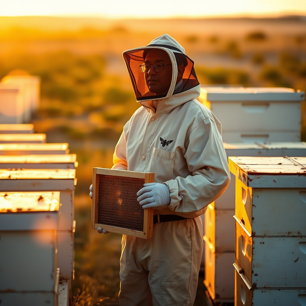 Beekeeper with hives at golden hour