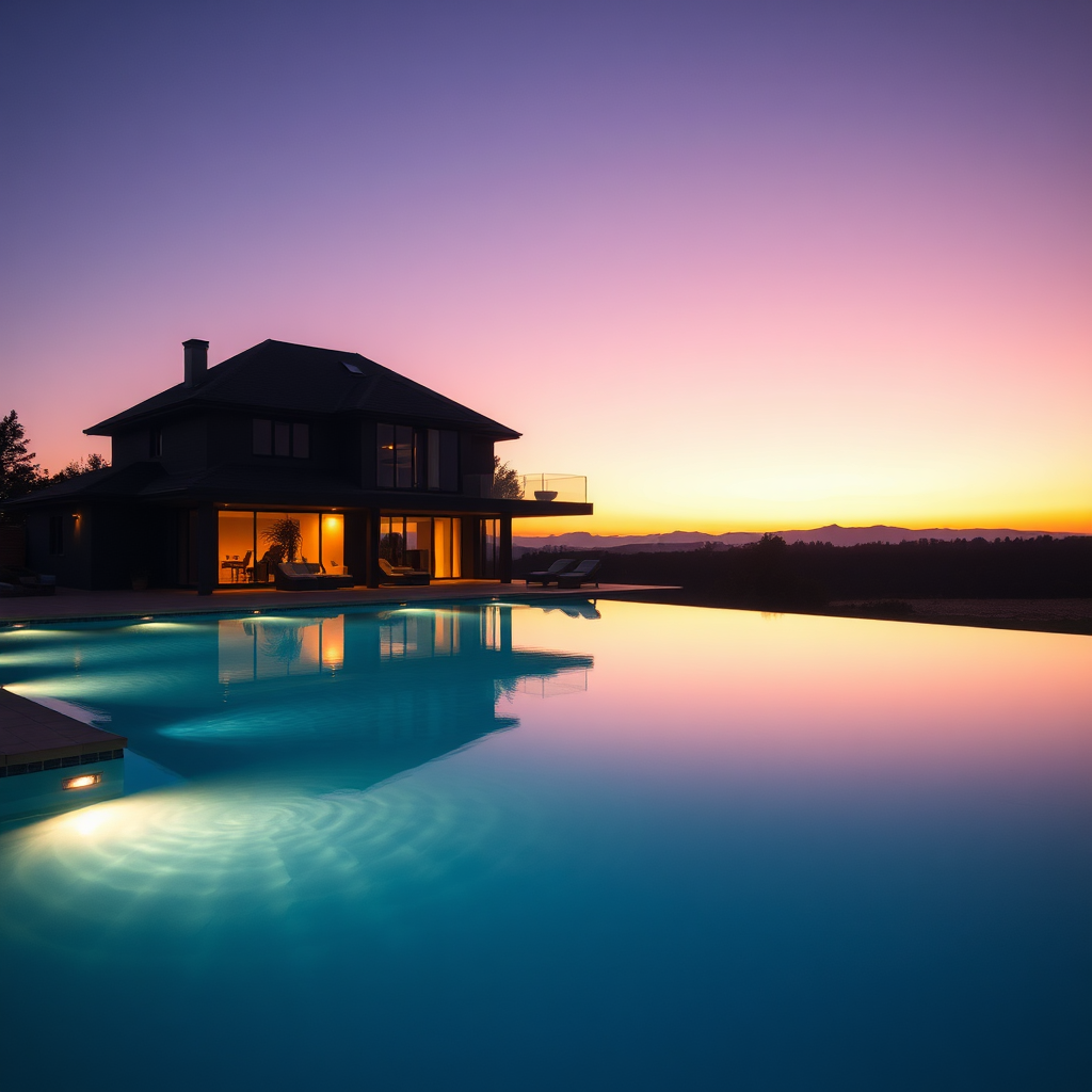 Piscine éclairée le soir