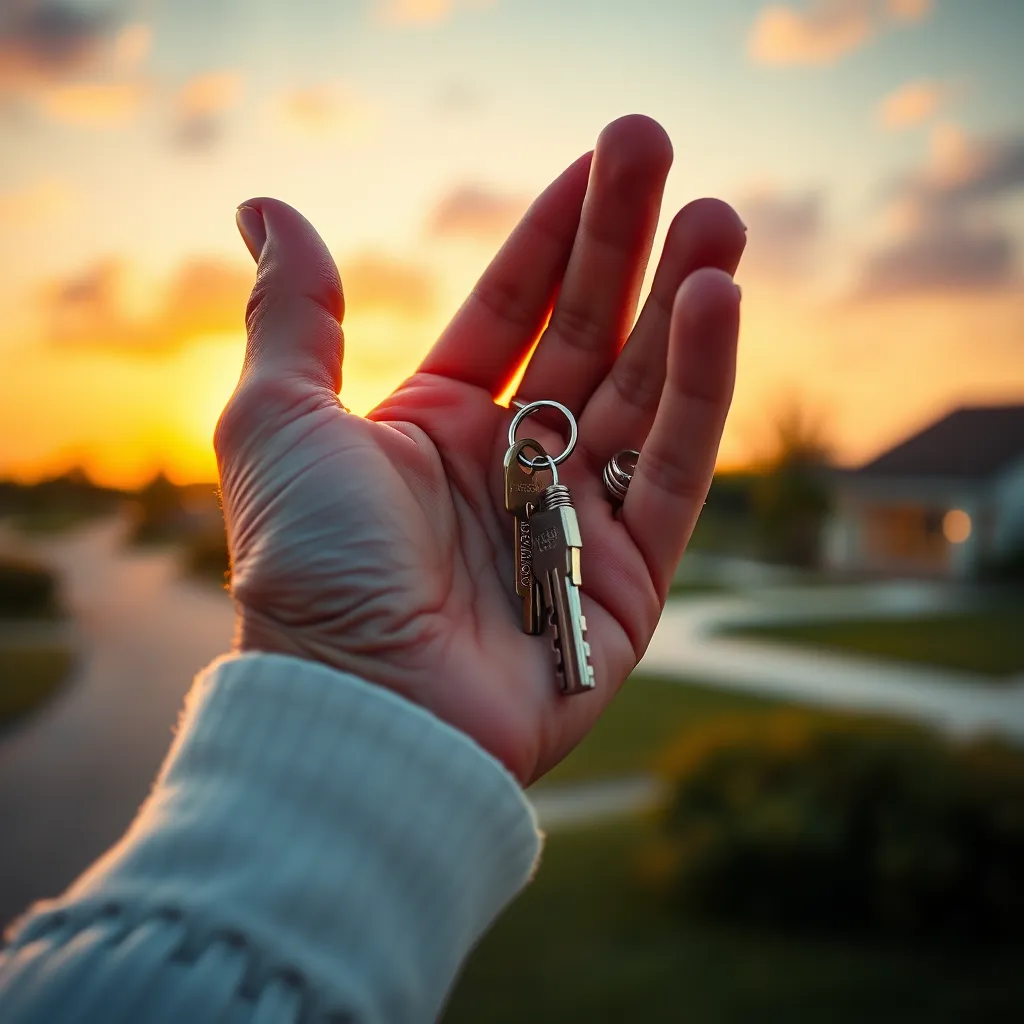 A close-up shot of a senior woman's hand holding a set of house keys.  The hand is adorned with a simple wedding band. The background features a beautiful Florida sunset, with soft, warm light illuminating the scene. The key is a symbol of ownership and security, and the sunset represents the beginning of a new chapter in life. The image should be rendered in ultra-high resolution, emphasizing the texture of the key, the softness of the woman's hand, and the vibrant colors of the sunset.  The mood should be serene and peaceful, capturing the sense of satisfaction and fulfillment associated with achieving a dream. The lighting should be soft and golden, creating a warm and inviting atmosphere.  Style reference:  Ansel Adams, Edward Weston.  
