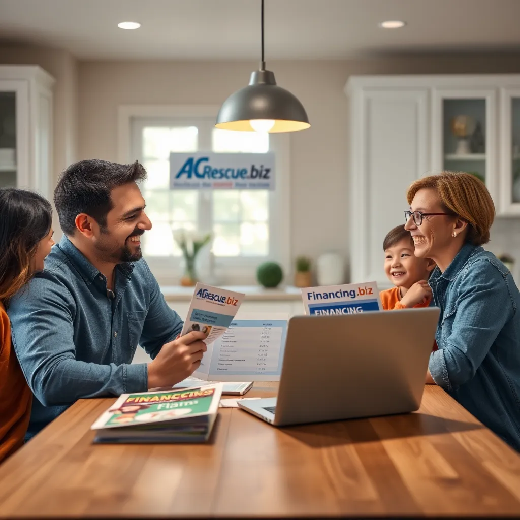 A family happily discussing HVAC financing options with a friendly AC Rescue.biz representative at a kitchen table, with brochures and a laptop displaying financing plans. The atmosphere is warm and inviting, reflecting financial ease.
