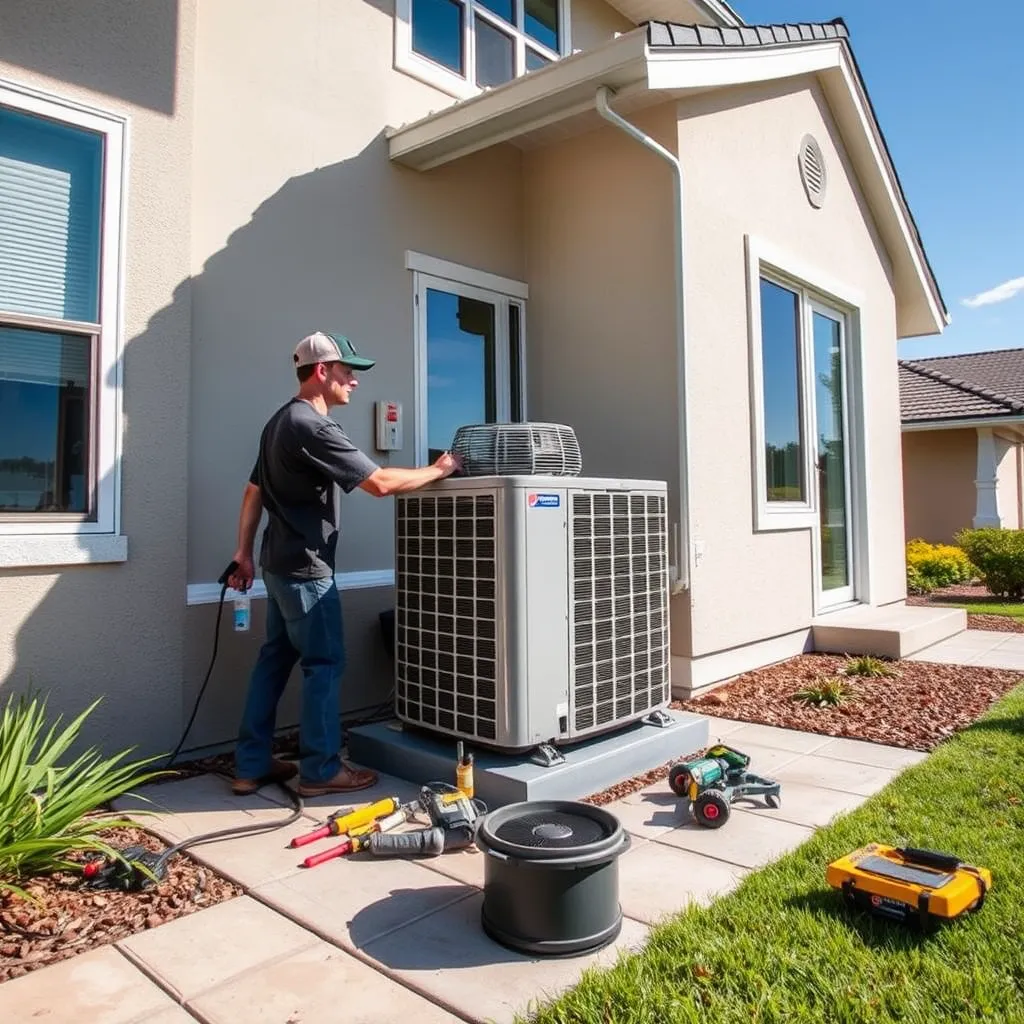 A high-quality, photorealistic image showing a professional HVAC technician installing a new air conditioning unit on the exterior of a modern home, with tools and equipment neatly organized, in a sunny Mt. Dora neighborhood.