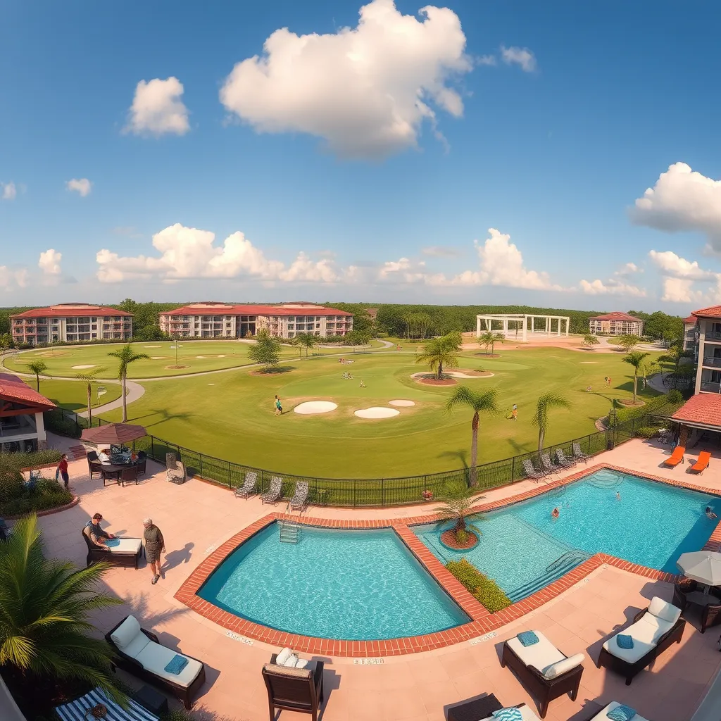 A panoramic view of a luxurious 55+ community in Florida. The image should highlight a variety of amenities, such as a swimming pool, fitness center, golf course, and social gathering areas, with senior residents enjoying activities in a relaxed and sunny environment.
