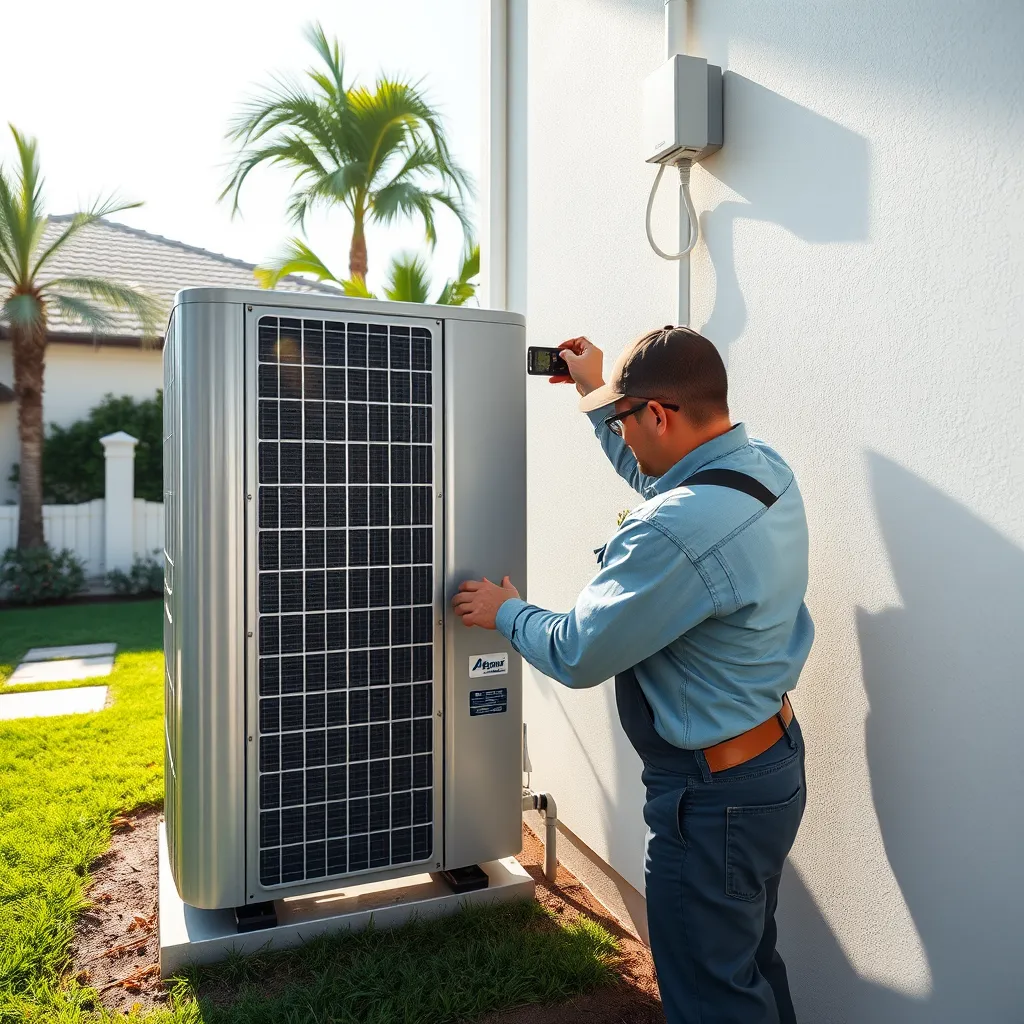 A professional HVAC technician installing a modern air conditioning unit in a residential home, showcasing tools and the intricate details of the system. The background shows a sunny Orlando suburb, with palm trees and a clear blue sky.