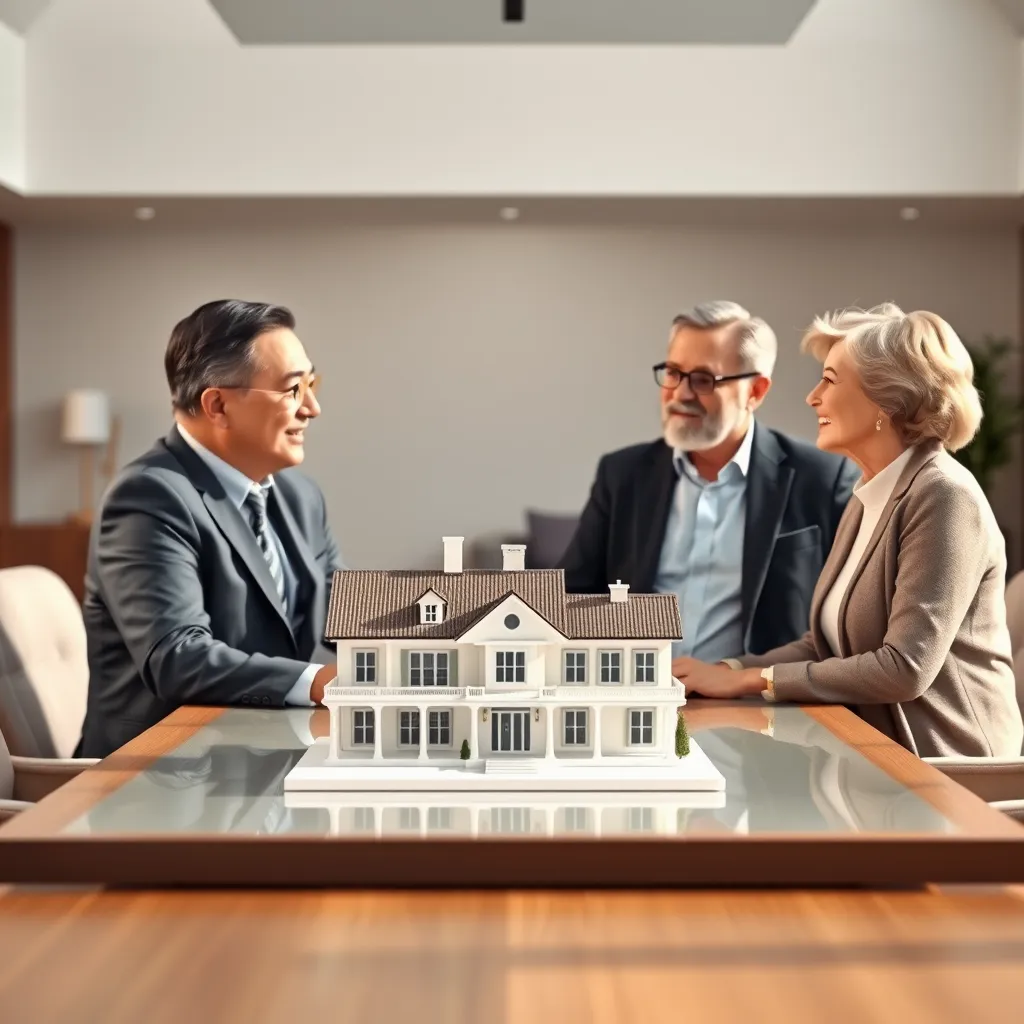 A professional real estate agent, dressed in a tailored suit, sits across from a senior couple at a large table in a modern, well-lit office setting. The agent is presenting a 3D model of a beautiful and spacious home, highlighting its features and amenities. The couple is engaged in a conversation, expressing their interest and asking questions. The scene should convey a sense of trust, confidence, and expertise. The light should be soft and natural, creating a warm and inviting atmosphere. The color palette should be muted and elegant, with accents of brown, beige, and white, reflecting the sophisticated nature of the real estate transaction. The camera angle should be slightly elevated, providing a clear view of the interaction between the agent and the couple. The image should be rendered in 8K resolution with hyperrealistic details, emphasizing the textures of the materials, the intricate details of the 3D model, and the genuine expressions of the individuals.  Style reference: Norman Rockwell, Hopper.  