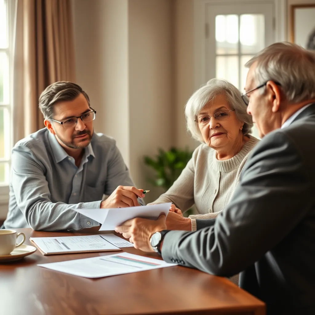 A professional real estate agent seated with a senior couple at a table, reviewing documents and discussing details of a real estate purchase. The scene is warm and inviting, with a calming, neutral color palette and natural light. The agent is holding a pen and a contract, while the couple is looking attentive and confident.