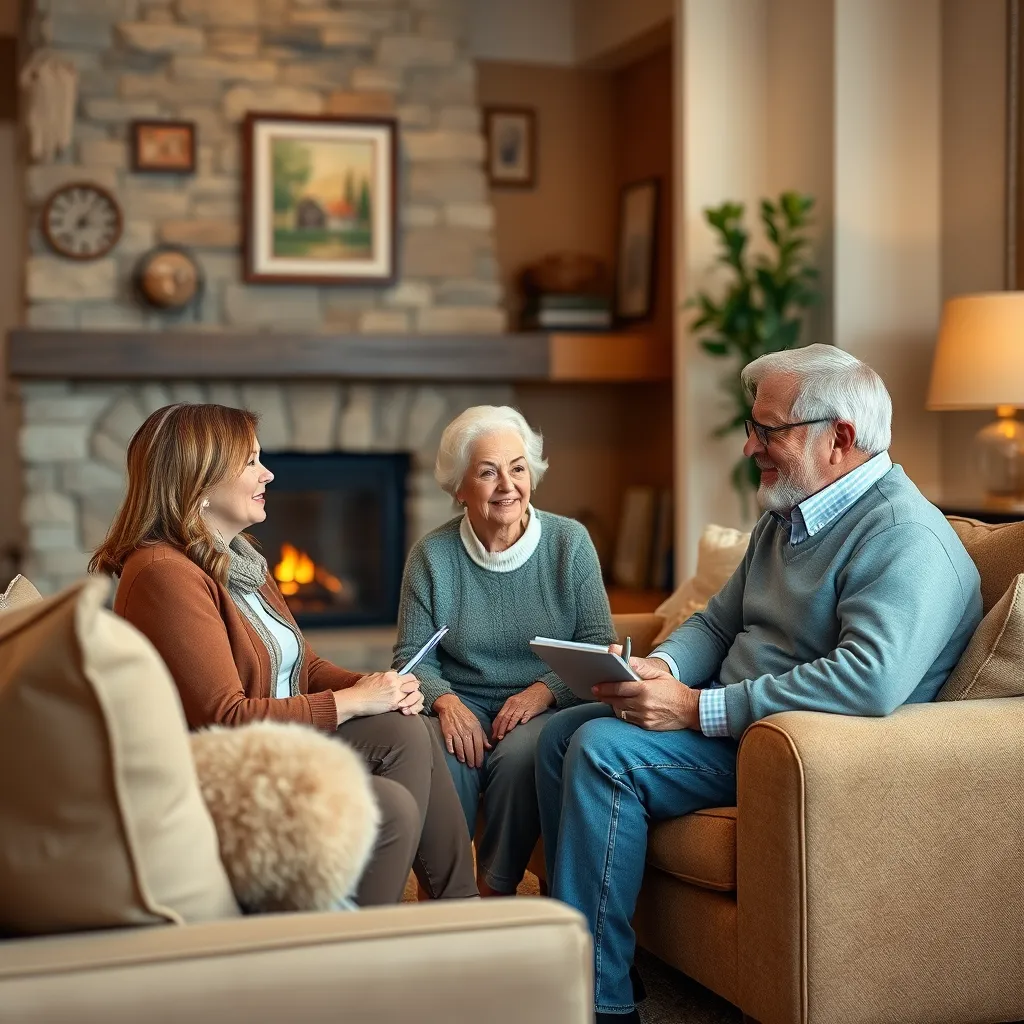 A real estate agent sitting with a senior couple in a comfortable living room, listening attentively as they discuss their vision for their new home. The scene is warm and welcoming, showcasing a cozy fireplace and comfortable furniture. The agent is taking notes and offering a reassuring smile.