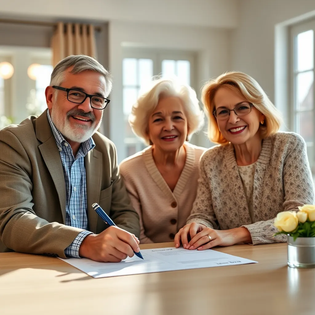A senior couple signing documents at a closing table with a real estate agent. The scene is bright and airy, with a celebratory feel, symbolizing the successful completion of a major life milestone. The agent is smiling warmly, radiating a sense of professionalism and trust.