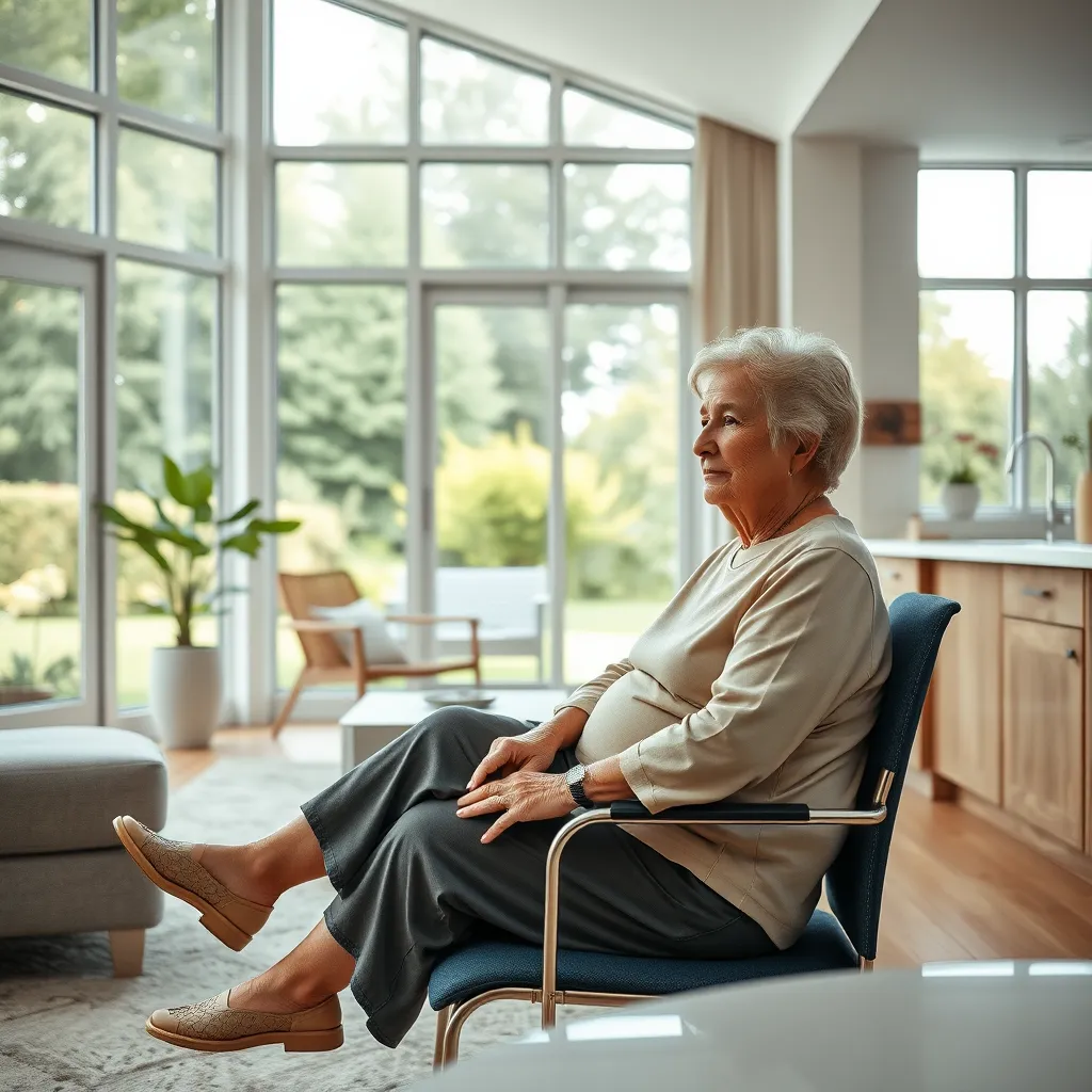 A senior woman in a comfortable outfit sitting in a spacious living room with large windows overlooking a serene garden. The room features accessible design elements like grab bars and lowered countertops, showcasing a blend of functionality and aesthetic appeal.