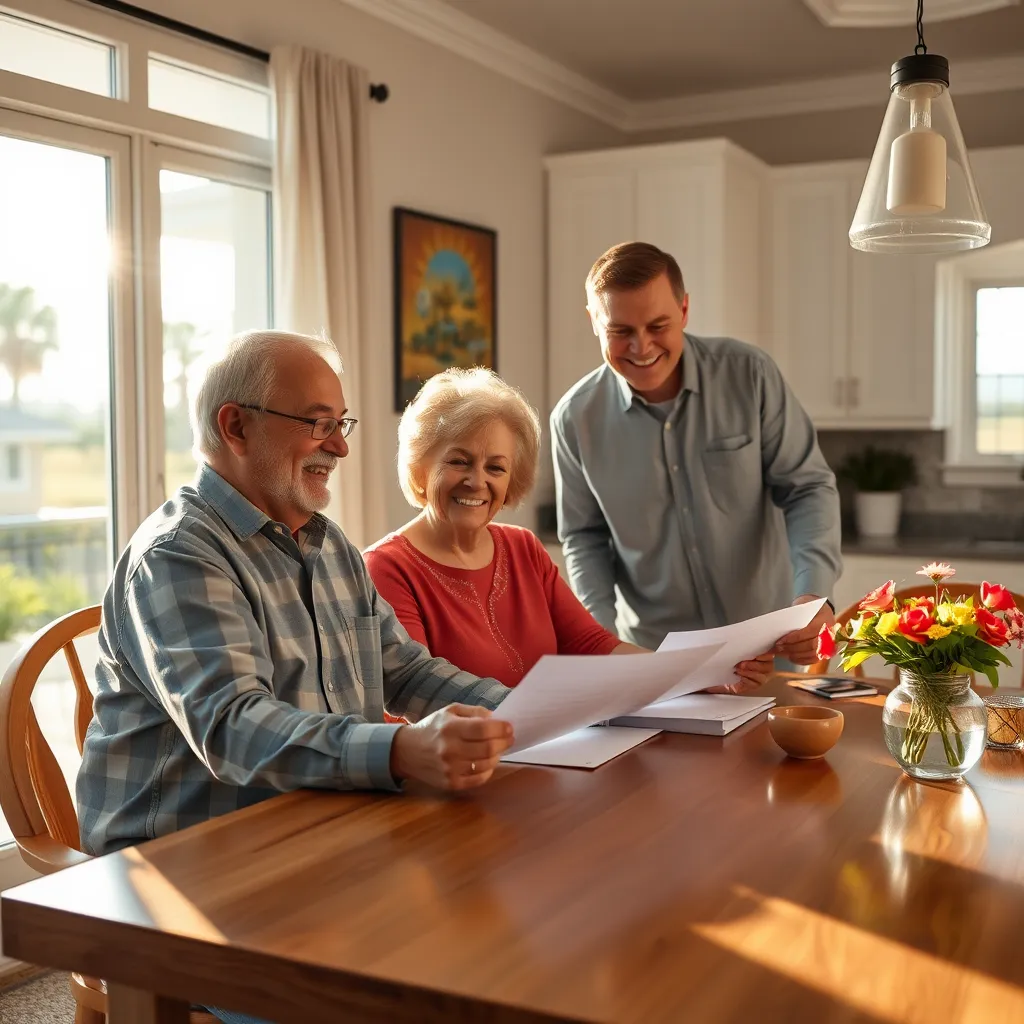 A smiling senior couple sitting at a kitchen table in a sunlit Florida home, looking over documents with a friendly real estate agent standing beside them, while a vibrant Florida landscape is visible through the window.
