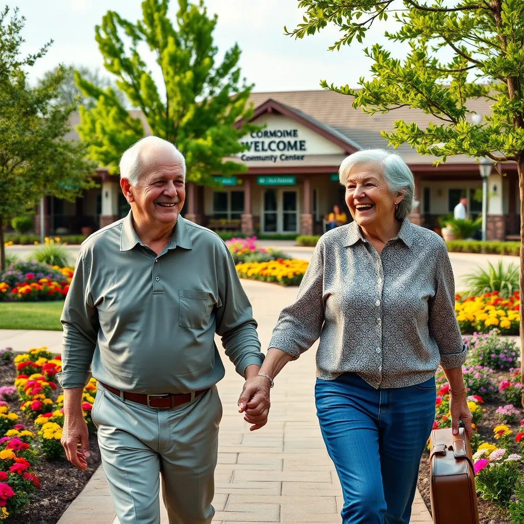 A smiling senior couple walking hand-in-hand through a vibrant 55+ community. The background features lush green landscaping, colorful flower beds, and a community center with welcoming signage. The scene evokes a sense of warmth, activity, and a close-knit community.