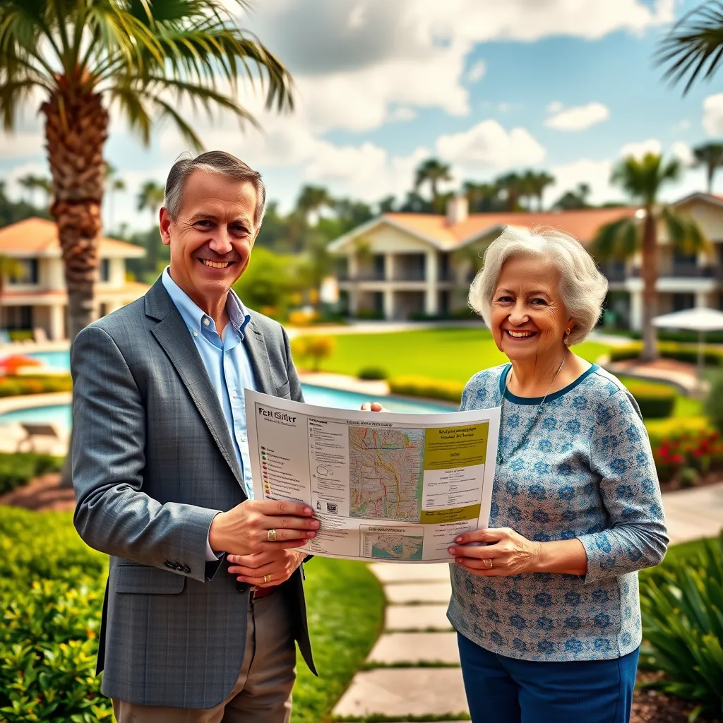 A warm and inviting scene depicting a friendly real estate agent, dressed in professional attire, warmly welcoming a smiling senior couple in a beautifully landscaped 55+ community. The agent is holding a map of the community, pointing out various amenities like a swimming pool, clubhouse, and golf course. The background features vibrant, lush greenery, sunny skies, and a well-maintained community building.  The image should convey a sense of security, comfort, and community spirit. The light should be soft and diffused, emphasizing the warmth and positive energy of the scene. Utilize a natural color palette with earthy tones and accents of blue and green, reflecting the Florida sunshine and the beauty of the environment. The scene should be captured from a slightly elevated angle, providing a wide view of the community and its amenities.  The overall aesthetic should be realistic and inviting, capturing the essence of a fulfilling retirement lifestyle in a vibrant 55+ community. The image should be rendered in 8K resolution with hyperrealistic details, emphasizing the textures and materials of the environment and the genuine smiles and expressions of the people. Style reference:  David Hockney, Edward Hopper.  