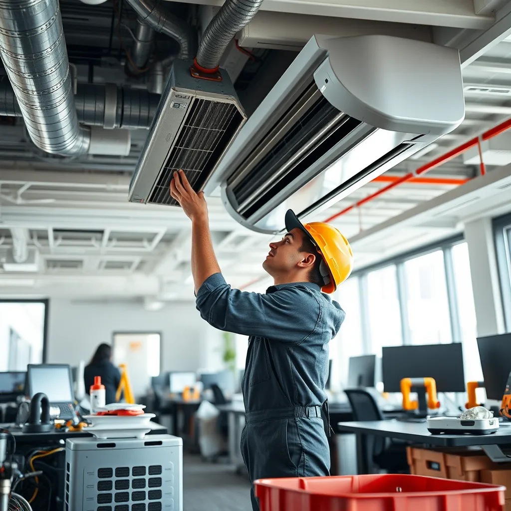 An HVAC technician efficiently repairing an air conditioning unit in a busy office space, with detailed tools and equipment around. The office is modern, and the environment conveys a sense of urgent maintenance during a hot day.
